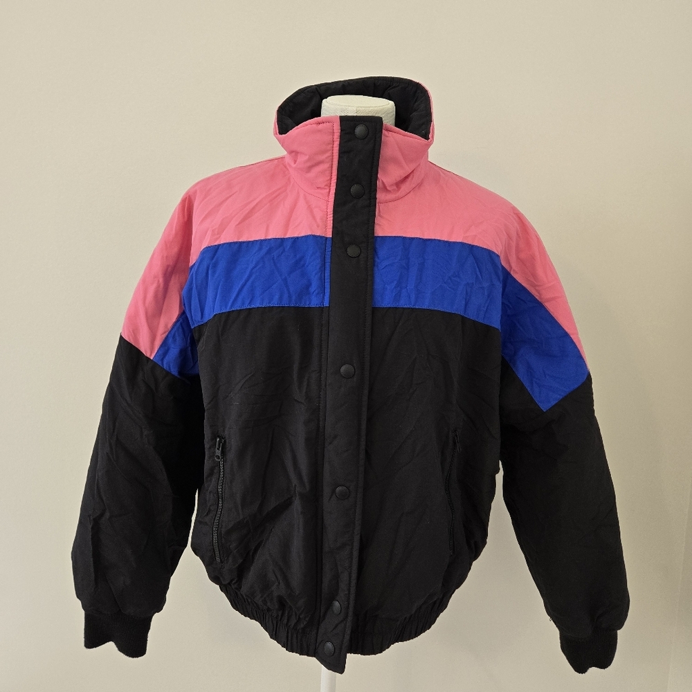 American Eagle Retro Colorblock Striped Puffer Coat Size Large Pink‎ Blue Black